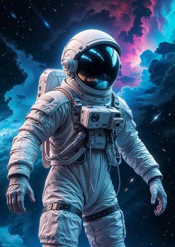 Male astronaut in a white spacesuit floating in space cosmic clouds | Di-Bond