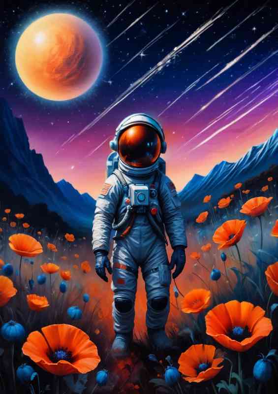Space man In the poppy fields | Metal Poster