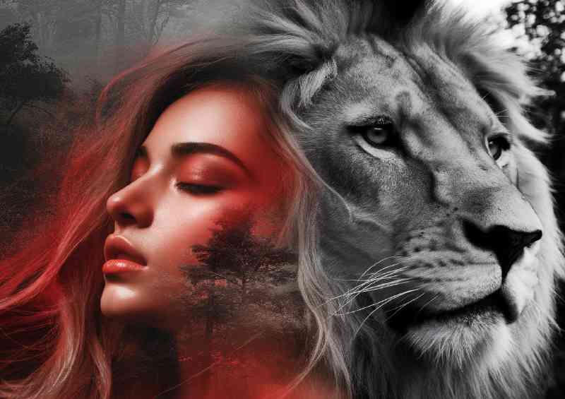 Striking juxtaposition of a woman s face and a lion | Di-Bond