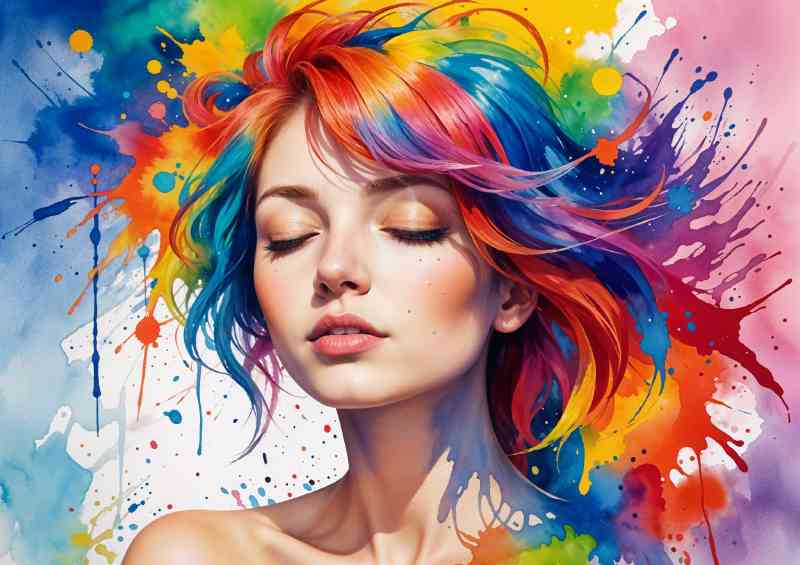 Young woman with vibrant multicolored hair and closed eyes | Canvas