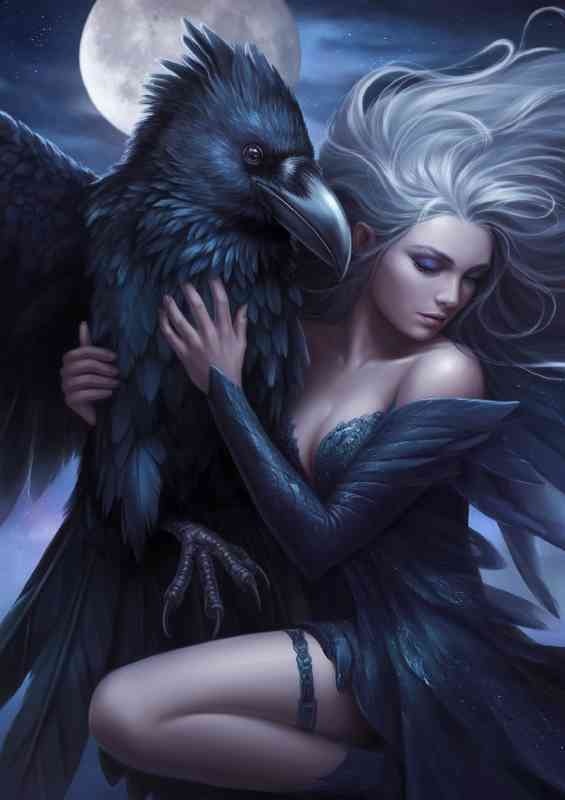 Mystical woman with flowing silver hair and a giant crow | Canvas