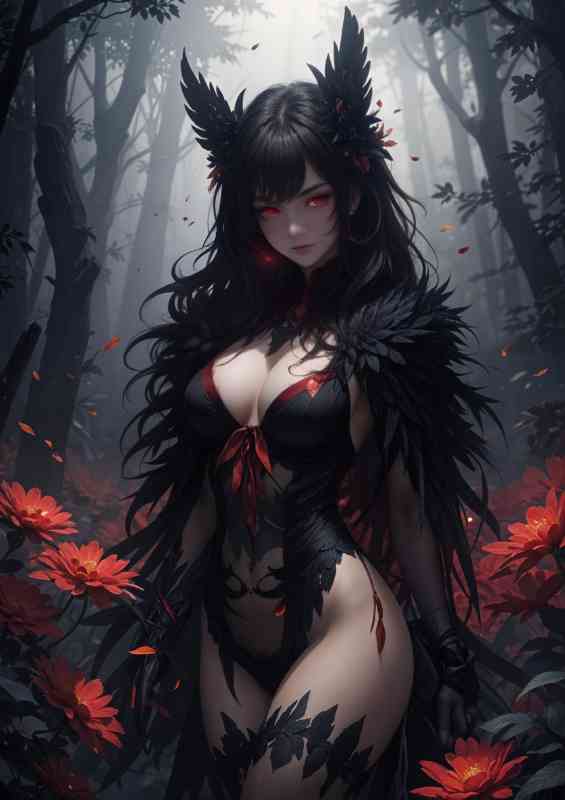Animae girl dark misty forest with glowing red flowers | Poster