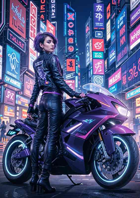 Purple racing bike in a neon lit city street | Poster