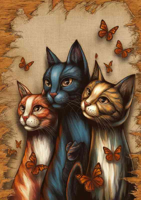 Three intricately designed cats with vibrant color | Canvas