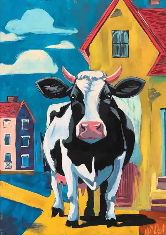 Urban setting with a large cow standing | Poster