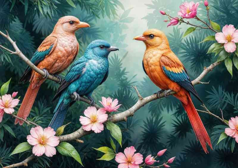 three birds percched in a forest | Metal Poster