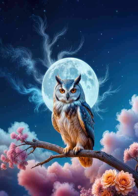 Colorful Owl with vibrant blue orange and red feathers | Canvas