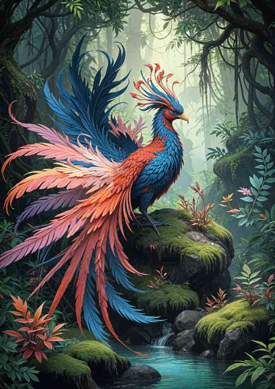 Fantastical phoenix bird perched on a mossy rock | Canvas