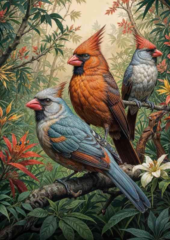 Painted northern cardinal birds in the forest | Canvas