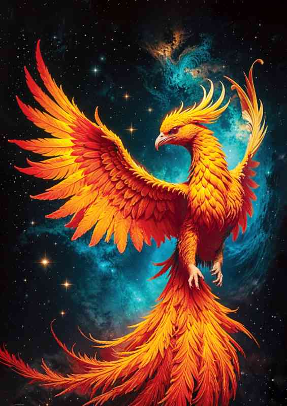 Pheonix with fire embers feathers in space nebula | Metal Poster
