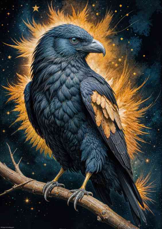 Silver blue raven perched high | Metal Poster
