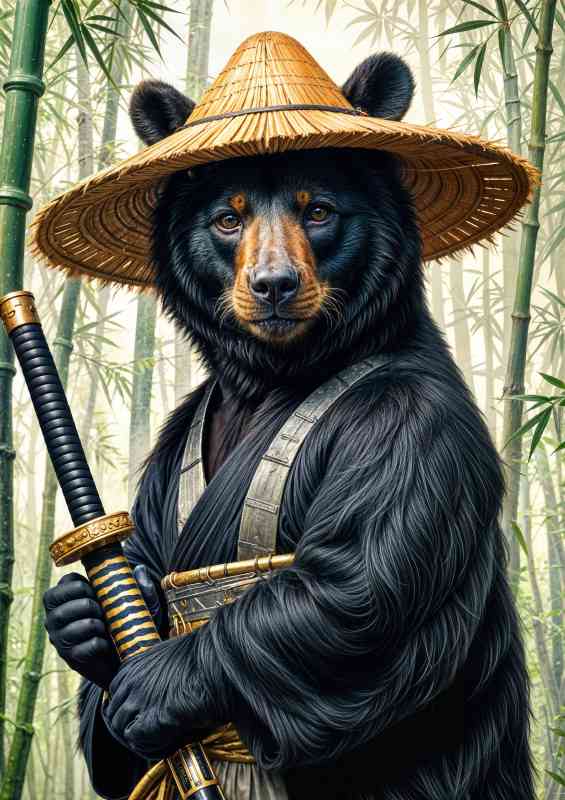 Black bear samurai warrior in bamboo forest | Metal Poster