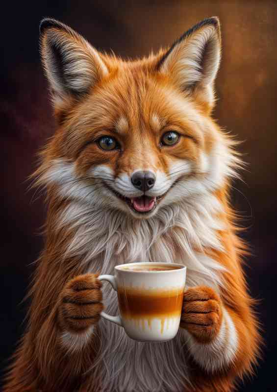 Happy red fox with a latte coffee | Metal Poster