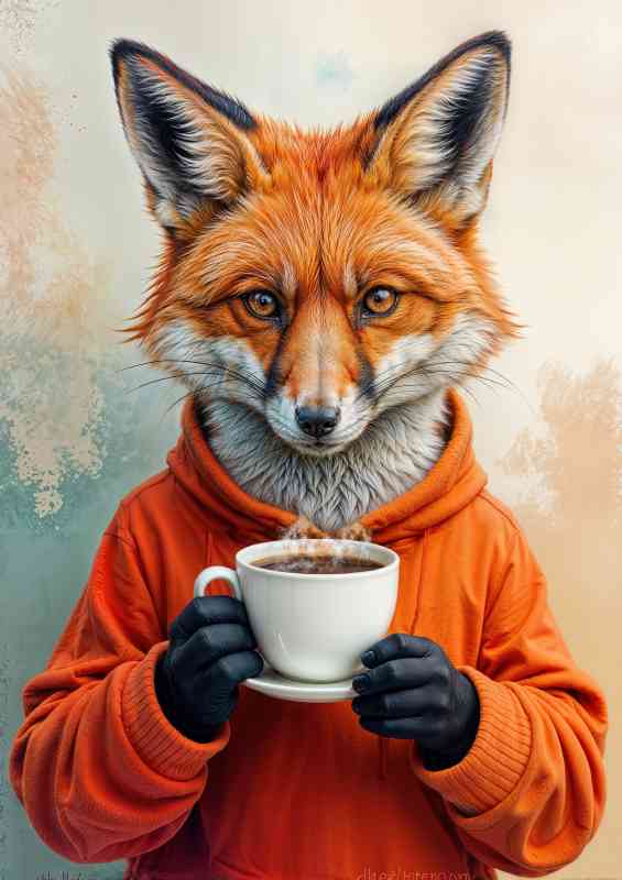 Red fox enjoying his cup of latte coffee | Canvas