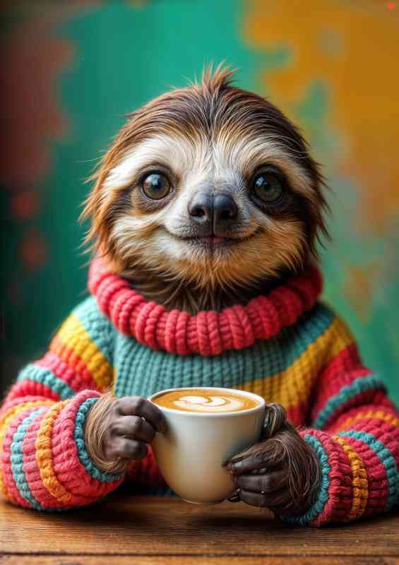 Sloth enjoying a coffee wearing a bright pull over | Poster