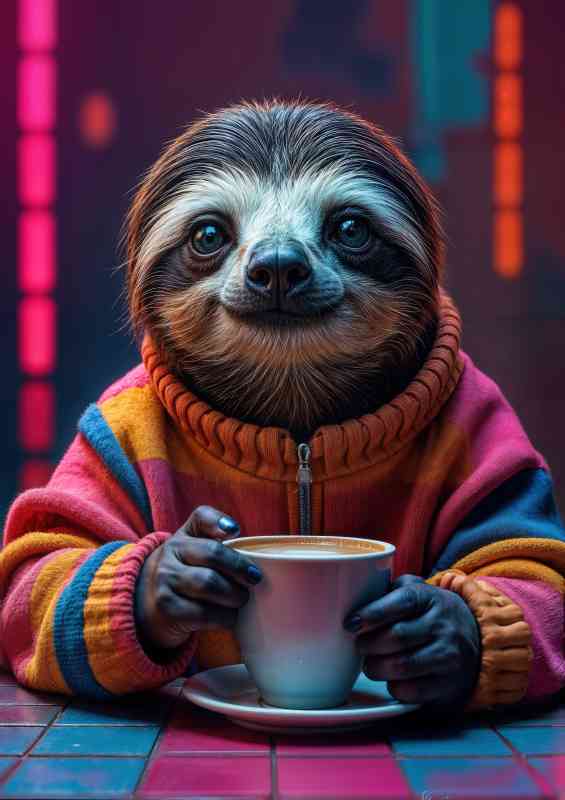 Sloth in neon colours drigking latte coffee | Metal Poster