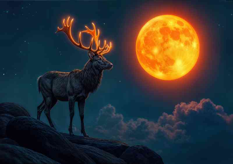 Male Deer with bright orange moon | Canvas