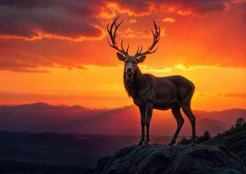 Male deer in glowing sunset | Metal Poster