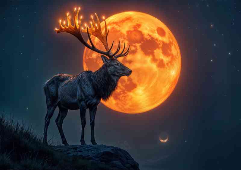 Male deer with smoky glowing antlers at night full moon | Poster