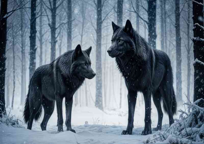 Mysterious pair of black wolfs in snow | Poster
