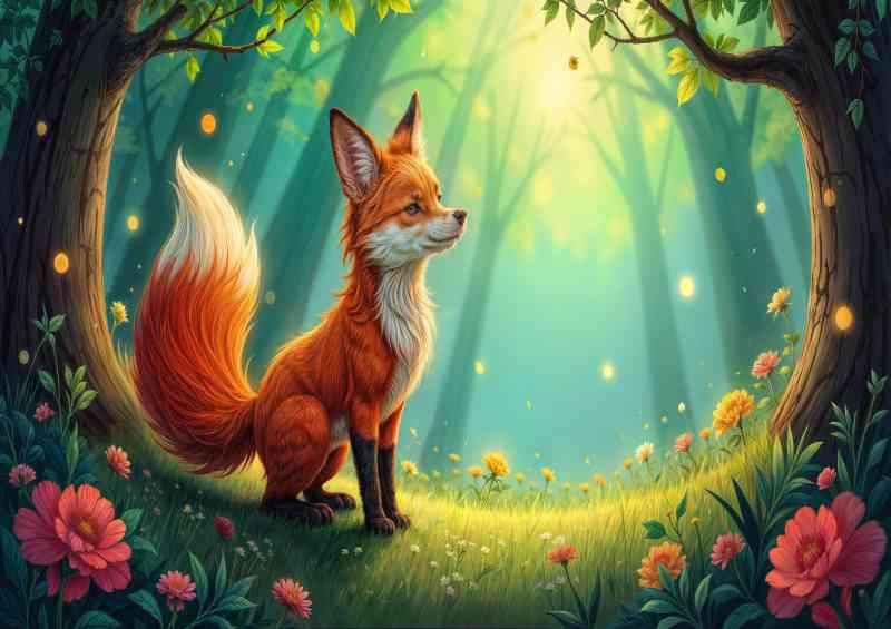 Whimsical cartoon fox in the woods | Metal Poster