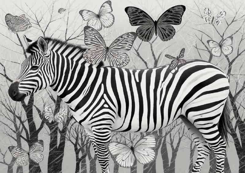 Zebra standing amidst a backdrop of barren trees | Metal Poster