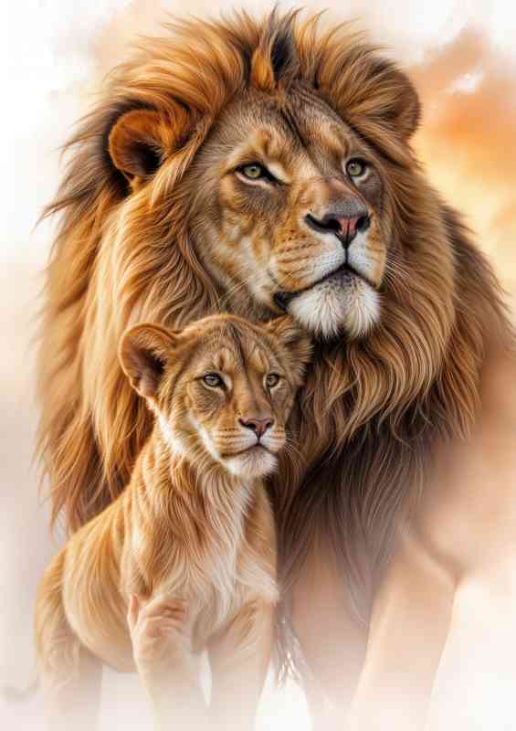Close up lion and cub in the savanna | Canvas