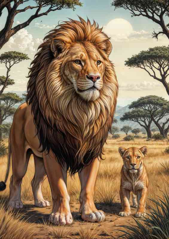 Comic style king lion and cub | Metal Poster