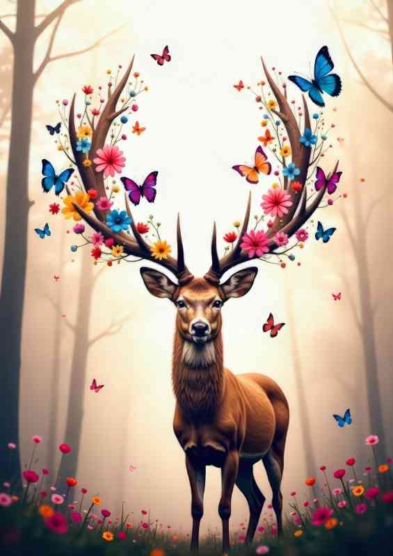Deer stag with flowers and butterflies in the woods | Metal Poster
