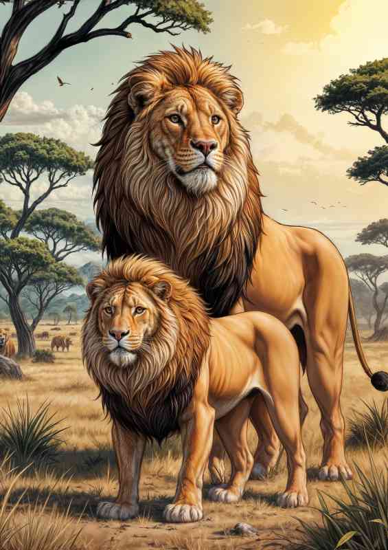 Large male lion with son in the savanna | Metal Poster
