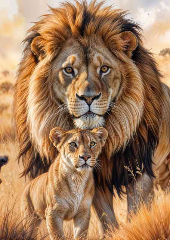 Lion with his large mane and his cub | Di-Bond