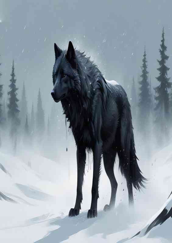 Lone black wolf in the snow | Di-Bond
