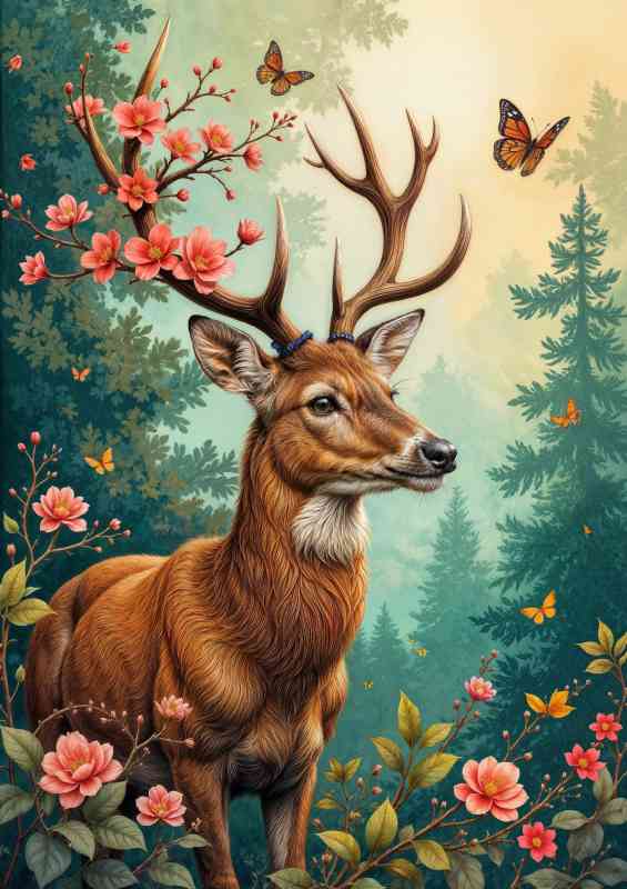 Lush countryside with the deer and butterflies | Canvas