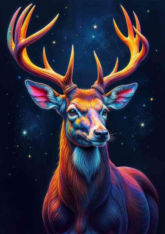 Majestic colourful stag at night | Metal Poster