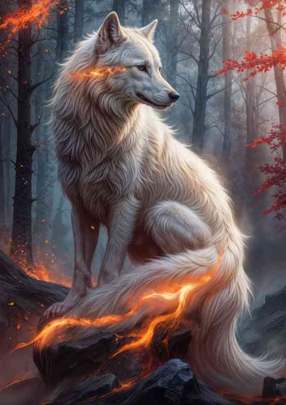 Majestic white wolf with flowing fur and glowing fire | Poster