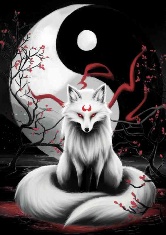 Mystical white fox with red markings on its forehead | Metal Poster