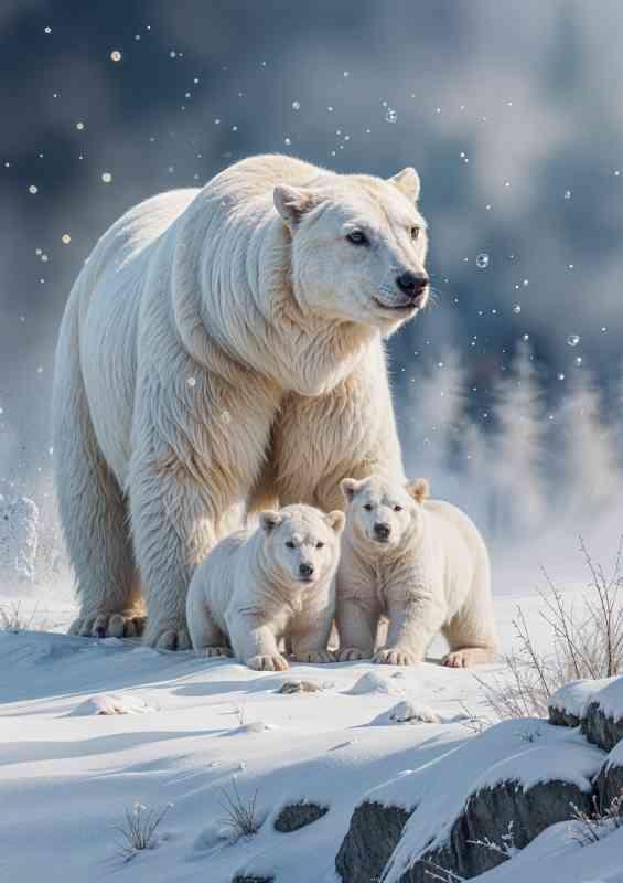 Polar bear with her two cubs in the snow | Metal Poster