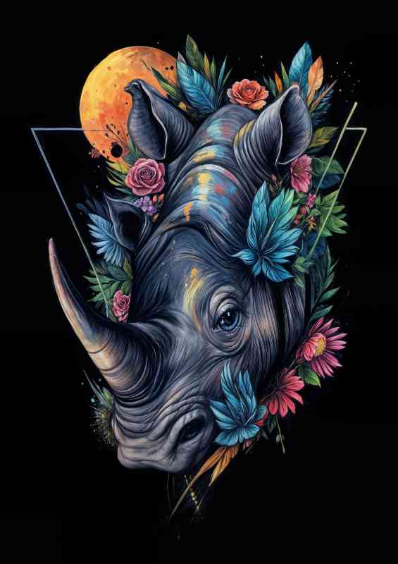 Rhinoceros colourful with flowers | Metal Poster