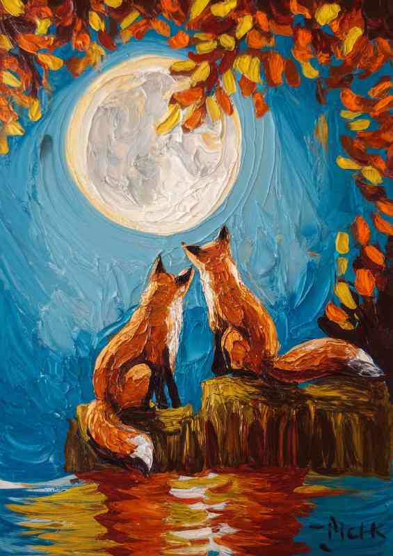 Scene of two foxes sitting on a rock | Metal Poster