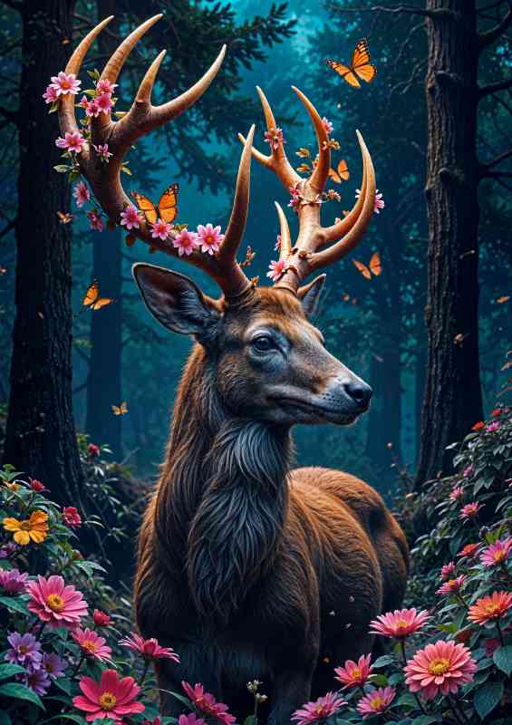 Stag in the forest with coloured flowers | Di-Bond