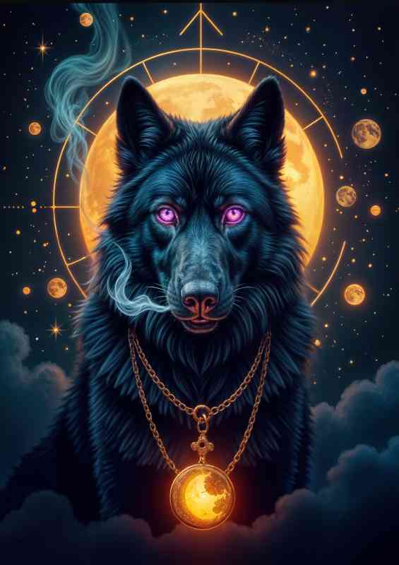 The black wolf with a golden pendant | Canvas