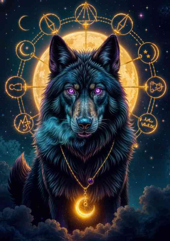 The dark wolf with the purple eyes and magical moon | Di-Bond