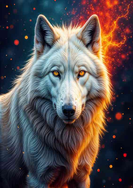 The white wolf and firey night sky | Canvas