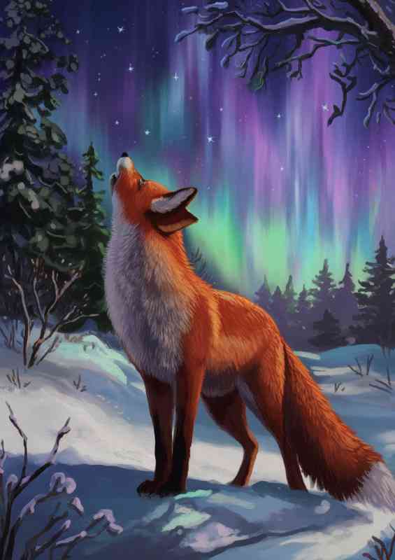 Vibrant winter landscape with a fox standing | Poster