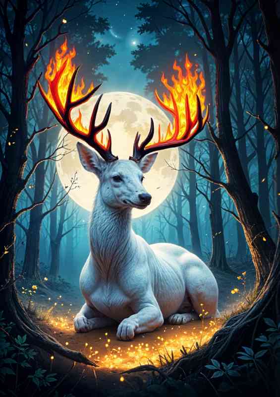 White deer with glowing fire antlers sitting in a magical forest | Canvas