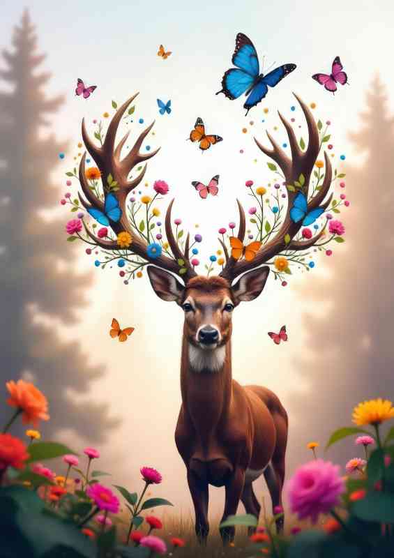 Wild flowers and standing stag butterfiles | Metal Poster