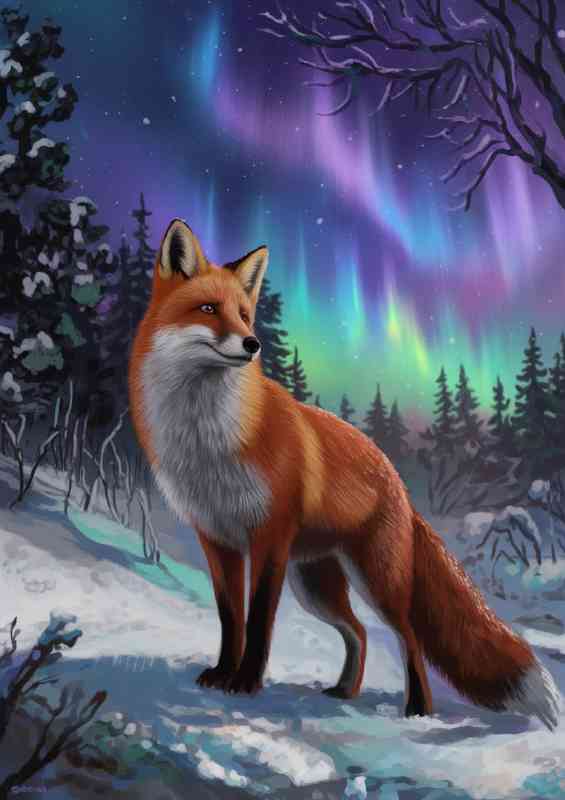 Winter landscape with a fox standing | Metal Poster