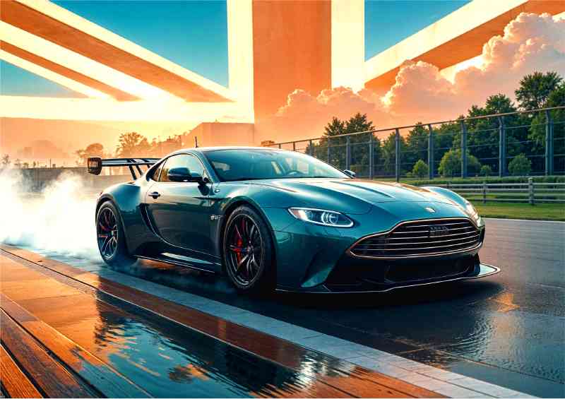 Aston martin green at the race track uk flag | Metal Poster