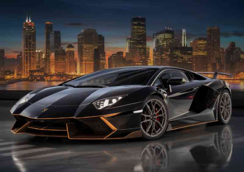 Black sports car parked on a reflective surface | Poster