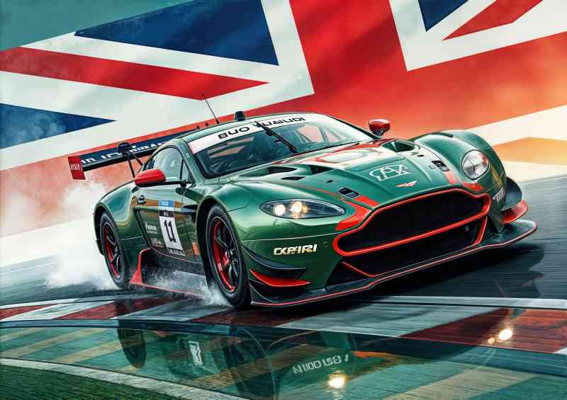 Green aston martin race car on a racetrack | Metal Poster